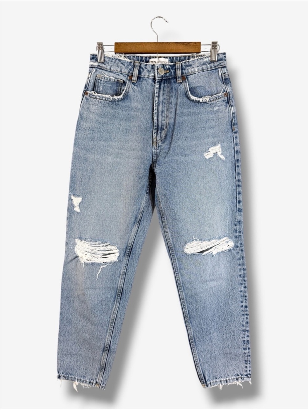 Zara Mom Jeans Light Wash Distressed Size 6 Ripped High Waist Rigid NO STRETCH